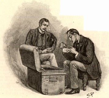 The Adventure of the Musgrave Ritual'.  Dr Watson watching Sherlock Holmes going through mementoes