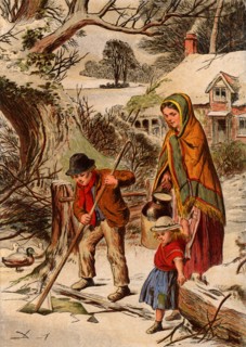 Scène d'hiver : un jeune garçon brise de la glace pour que sa mère puisse puiser de l'eau