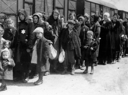 Arrival of a train containing Jews deported to Auschwitz death camp in Poland