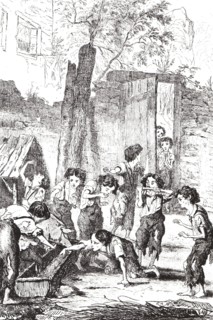 Half-starved factory children supplementing their meagre rations