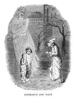Ignorance and Want presented by a ghost appearing to Scrooge