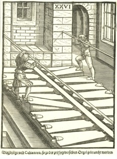 Bellows of a large organ, showing blowers working the bellows