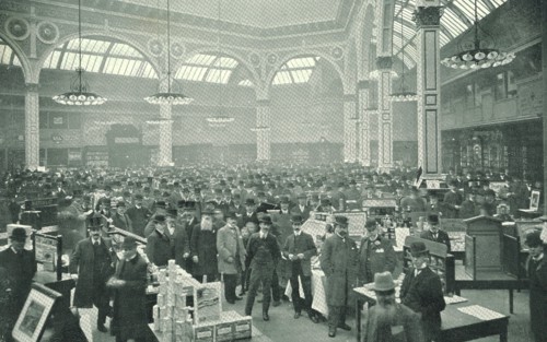 Business in full swing in The Manchester Exchange, headquarters of the grocery trade in Lancashire, England, c1905