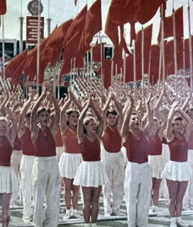 Gymnasts parading at a Festival of Youth, in the USSR, 1950.