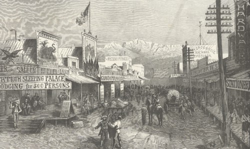 Street scene in an American frontier town c1875