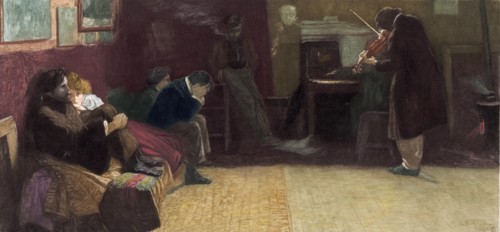 Print showing sitting  listening to a man playing the violin and a man playing the piano
