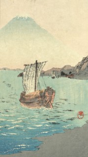 Print shows a large sailboat just off the shore with view of Mount Fuji in the distance