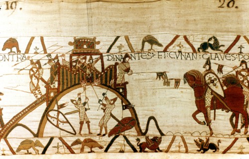 Bayeux Tapestry 1067:  Conan of Brittany under attack at Dinan, hands keys of fortress to William of Normandy
