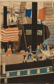 Sadahide, Unloading  an American ship in Yokohama harbour