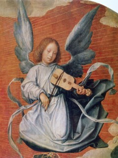 Angel playing a stringed instrument with a bow