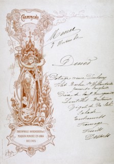 Dinner menu hand-written on a publicity card for Theophile Roederer & Co