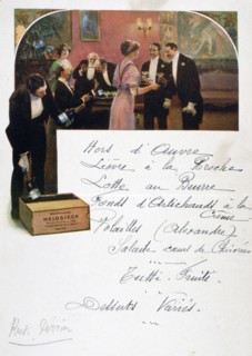 Restaurant menu hand-written on a publicity card