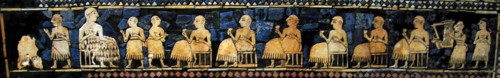 The Peace frieze from the Standard of Ur, Sumerian artefact excavated by the archaeologist Sir Leonard Woolley from the Royal Cemetery in Ur