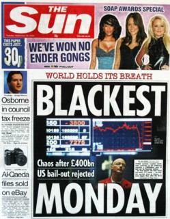 The Sun:  headline on collapse of stock market and Financial institutions in September 2008