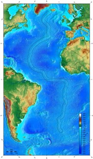 Map showing ocean floor with the Mid-Atlantic ridge