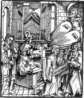German woodcut depicting musical instruments