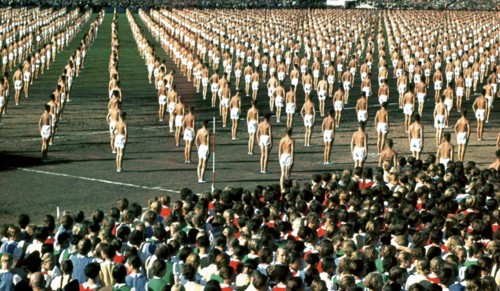 Nazi athletes parade at Nuremburg circa 1936