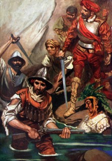 Cortez fleeing from Aztec pursuers