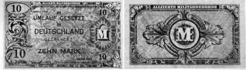 Obverse and reverse of an Allied 10 -mark note