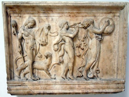 Marble relief of a maenad and two satyrs in a Dionysiac procession