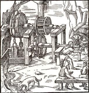 Rag-and-chain pump being used to raise water from a mine