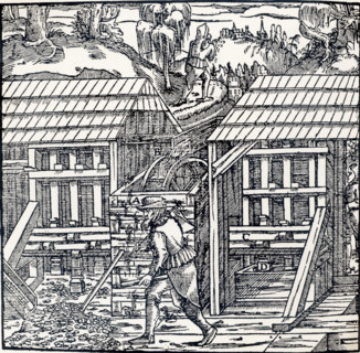 Stamping mills powered by and overshot water wheel