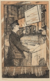 Signalman. The main picture shows the signalman at work in the signal box. Below, searchlights are