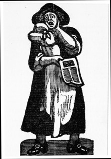 Female pedlar selling printed ballads in the street