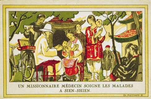 Medical missionary in China treating a patient