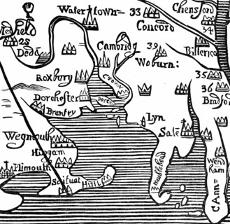 Early map of Massachusetts Bay, America