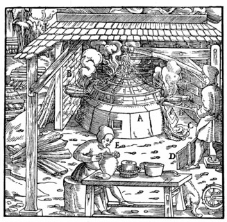 Separating lead from silver or gold in a cupellation furnace.