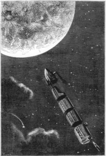 Space capsule dwarfed by the disc of the Moon
