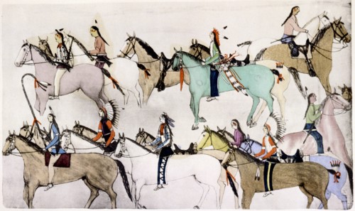 Sioux warriors leading away captured horses after defeating Custer's troops