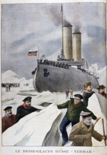 The Russian icebreaker 'Yermak' at work in a frozen sea