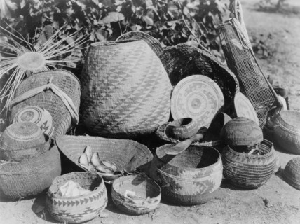 Group Karok baskets some with decoratvie woven patterns and some with lids
