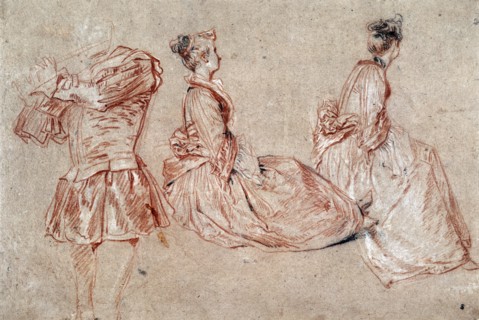 A Flautist and Two  Women' Study in red chalk