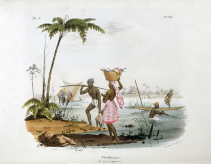 Fishermen using canoes and nets in a river