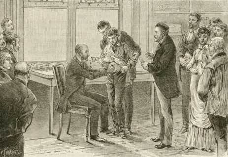 Louis Pasteur watching as a boy bitten by a rabid dog