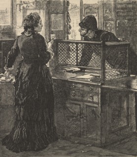 A village postmistress in conversation with a policeman