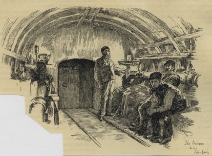 Labourers waiting at airlock to start a 7-hour shift tunnelling under London, 1890.