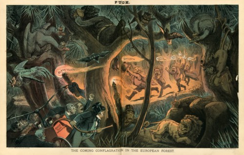 Satirical cartoon called "The Coming Conflagration in the Europen Forest".