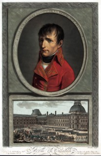 Napoleon Bonaparte abvove scene depicting troop review 1810.