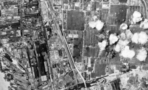 US air bombardment of a Japanese industrial complex