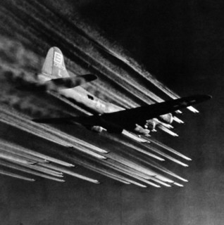 US air force flying fortress aircraft with escort fighters