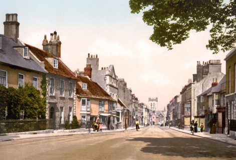 High Street West, Dorchester, England between 1890 and 1900.