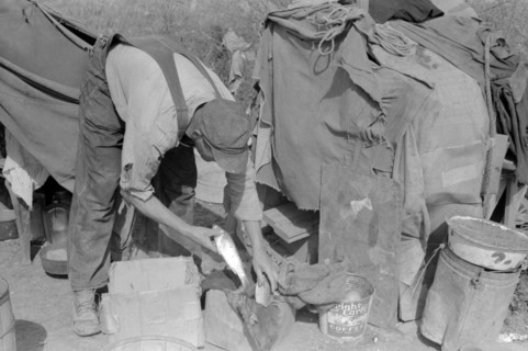 White migrant worker cleaning fish near Mercedes, Texas by Russell Lee, 1903-1986, dated 19390101.