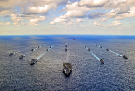 Photograph of Navy and Japan Maritime Self-Defence Force ships transit in formation at the conclusion of Keen Sword 15, a joint/bilateral field training exercise involving U.S. military and the Japan ...