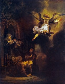 Rembrandt Harmenszoon van Rijn's painting titled 'The Angel Raphael Leaving Tobit and his Family'