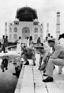Photograph of Corporal Anthony J. Scopelliti, Private First Class Ray Cherry and Private First Class John C. Byron, Jr. outside the Taj Mahal