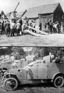 Photograph of soldier unloading an armoured car in a village during World War One